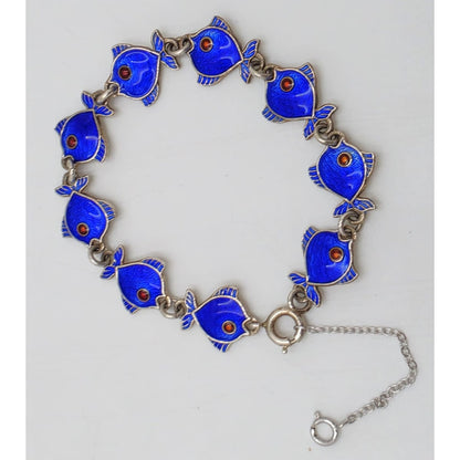 Bracelet danois Volmer Bahner en argent sterling et émail bleu roi à maillons de poisson, vers les années 1950