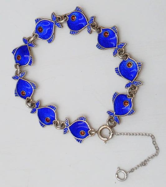 Danish Volmer Bahner Sterling & Royal Blue Enamel Fish Link Bracelet Circa 1950s