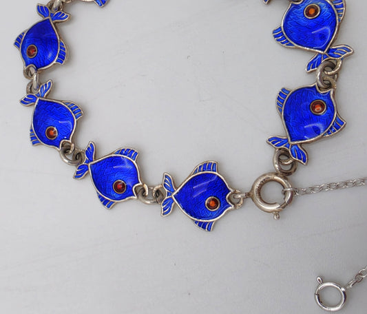 Danish Volmer Bahner Sterling & Royal Blue Enamel Fish Link Bracelet Circa 1950s