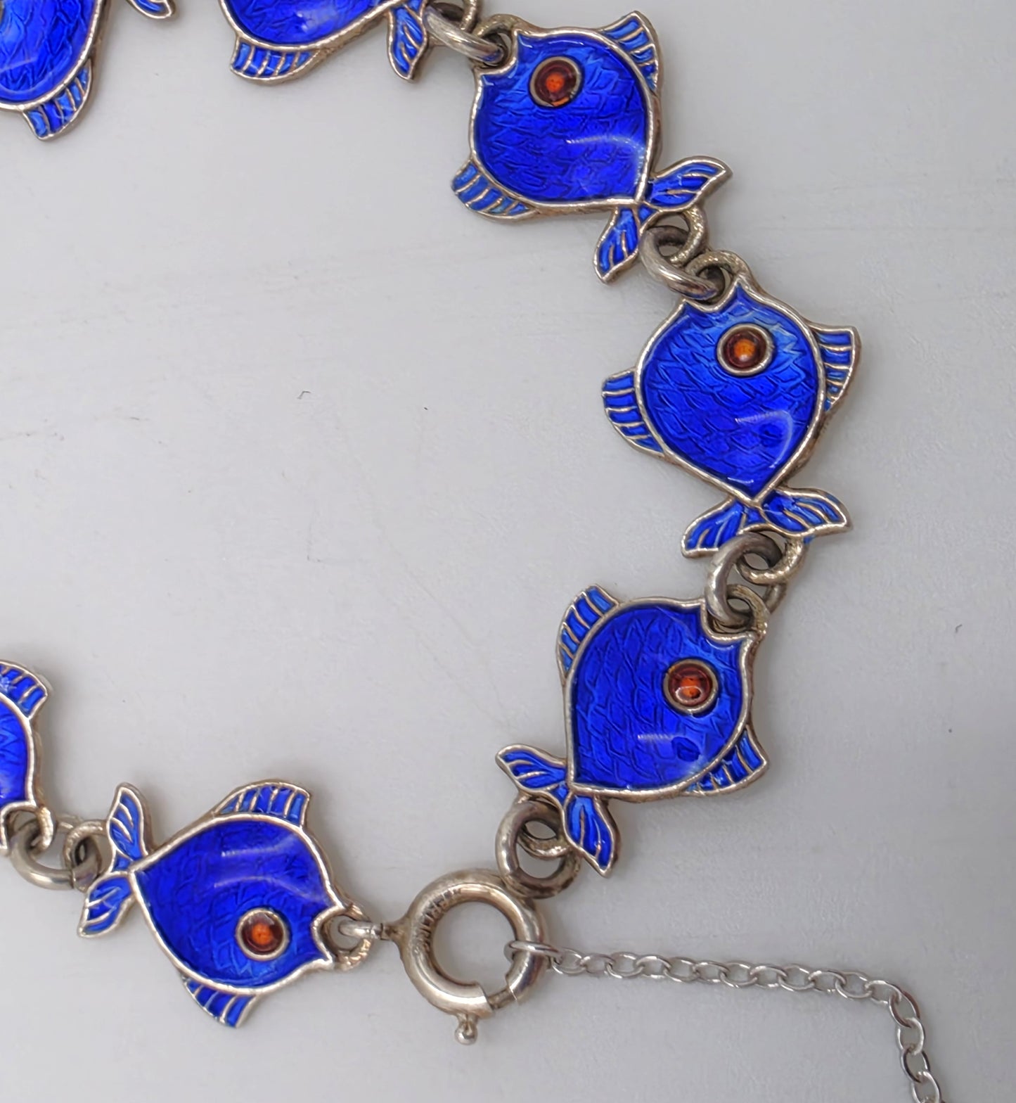 Danish Volmer Bahner Sterling & Royal Blue Enamel Fish Link Bracelet Circa 1950s