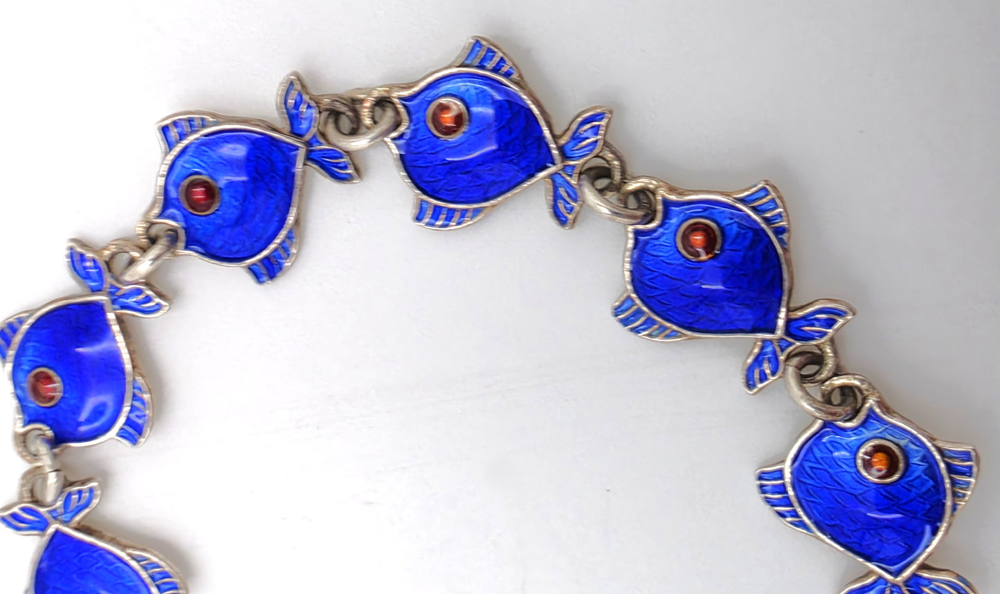 Danish Volmer Bahner Sterling & Royal Blue Enamel Fish Link Bracelet Circa 1950s