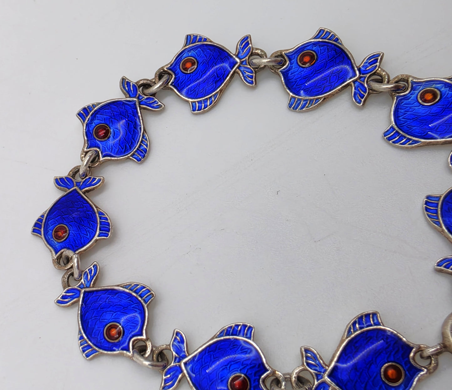 Danish Volmer Bahner Sterling & Royal Blue Enamel Fish Link Bracelet Circa 1950s