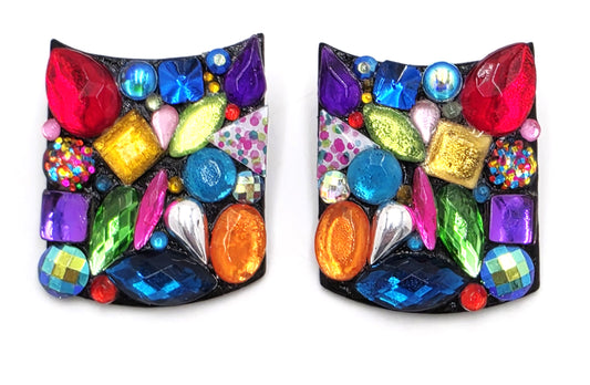 RARE Bill Schiffer Large Abstract Lucite and Rhinestone Earrings Signed 1988