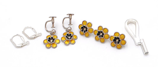 Meka Denmark Sterling Enamel BlackEyed Susan Flower Earrings Brooch Set 1950s