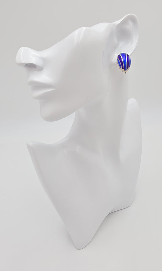 David Andersen Norway Sterling & Blue Guilloche Enamel Modernist Earrings 1950s, alternate product view 2