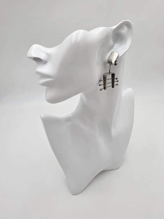 Ed Wiener Attributed Sterling Abstract Kinetic 3D Drop Dangle Earrings 1950s, alternate product view 2