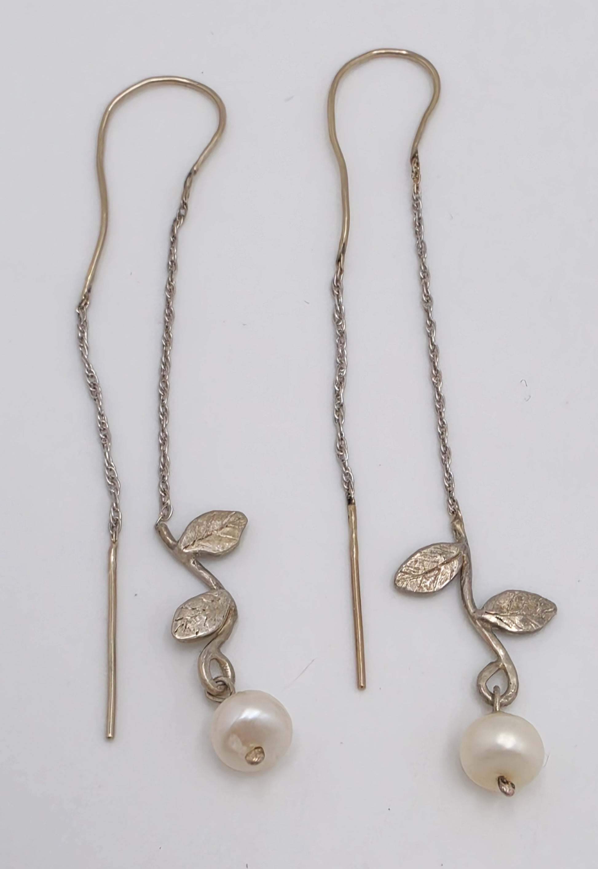 Tess New York Designer Sterling Silver 14k Gold & Pearl Threader Dangle Earrings
