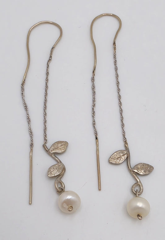 Tess New York Designer Sterling Silver 14k Gold & Pearl Threader Dangle Earrings