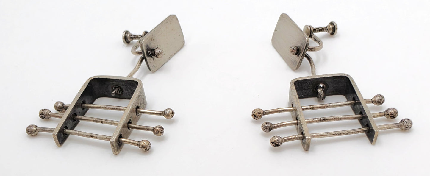 Ed Wiener Attributed Sterling Abstract Kinetic 3D Drop Dangle Earrings 1950s, alternate product view 7