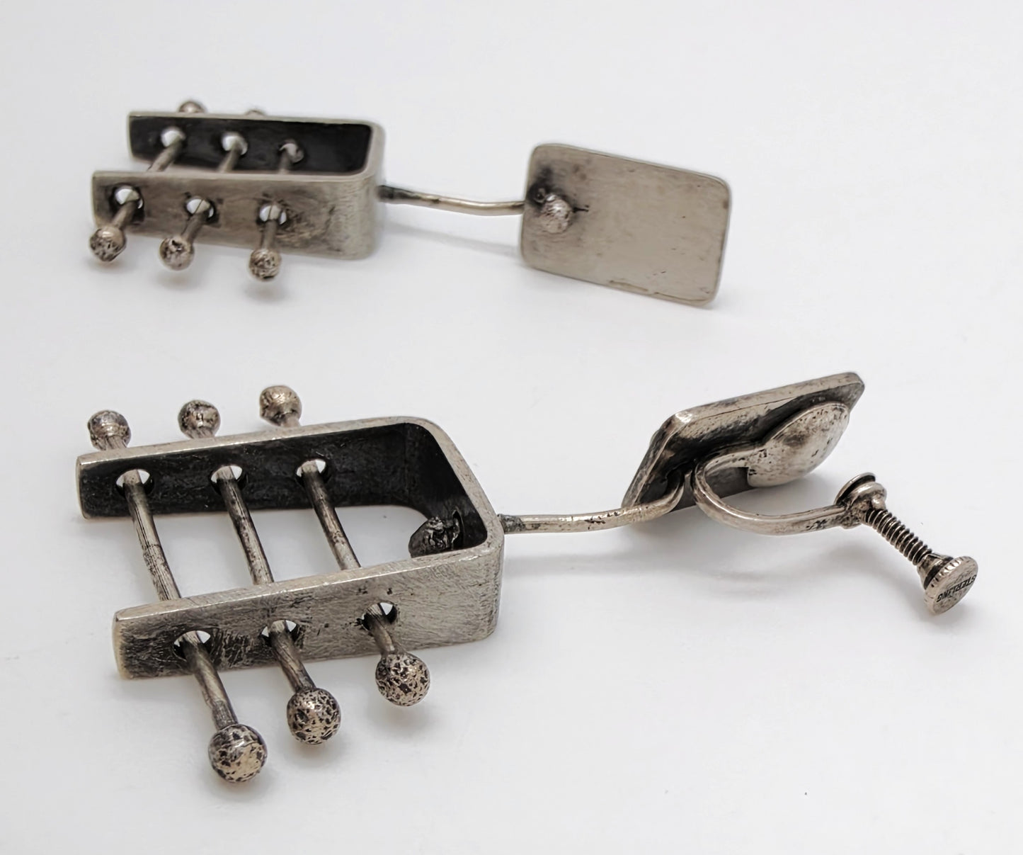 Ed Wiener Attributed Sterling Abstract Kinetic 3D Drop Dangle Earrings 1950s, alternate product view 8