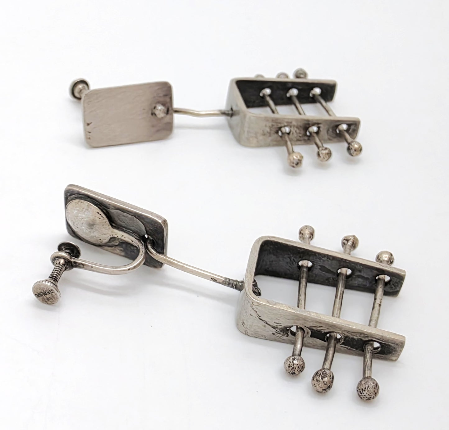 Ed Wiener Attributed Sterling Abstract Kinetic 3D Drop Dangle Earrings 1950s, alternate product view 9