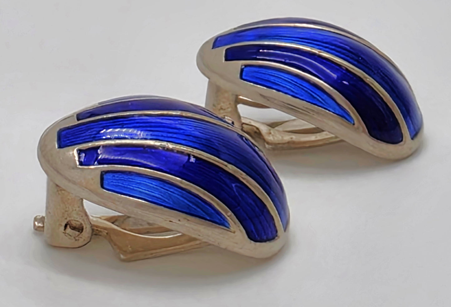 David Andersen Norway Sterling & Blue Guilloche Enamel Modernist Earrings 1950s, alternate product view 3