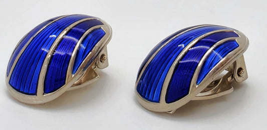 David Andersen Norway Sterling & Blue Guilloche Enamel Modernist Earrings 1950s