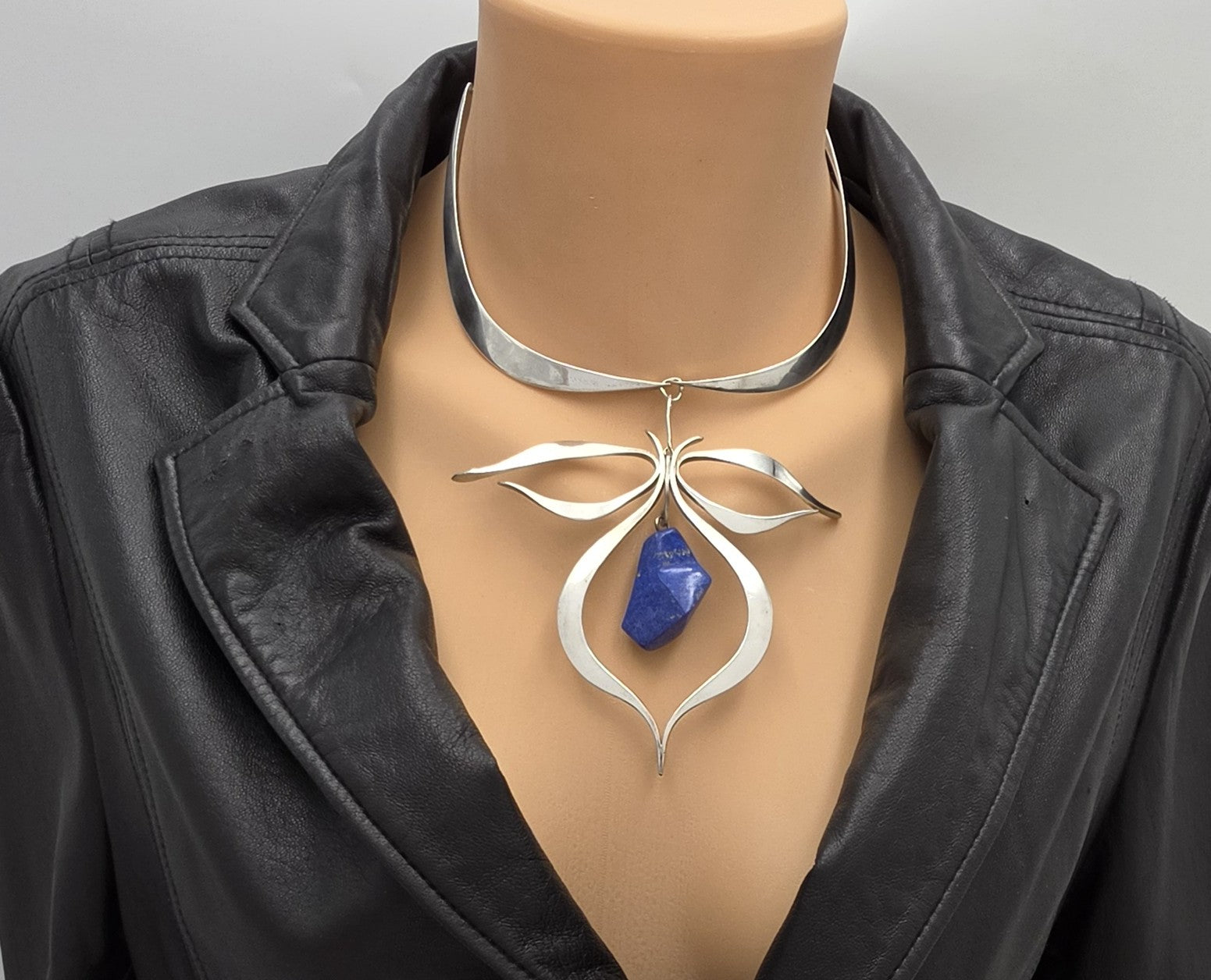 VTG Artisan Sterling Silver Lapis Lazuli Sculptural Modernist Collar Necklace, alternate product view 2