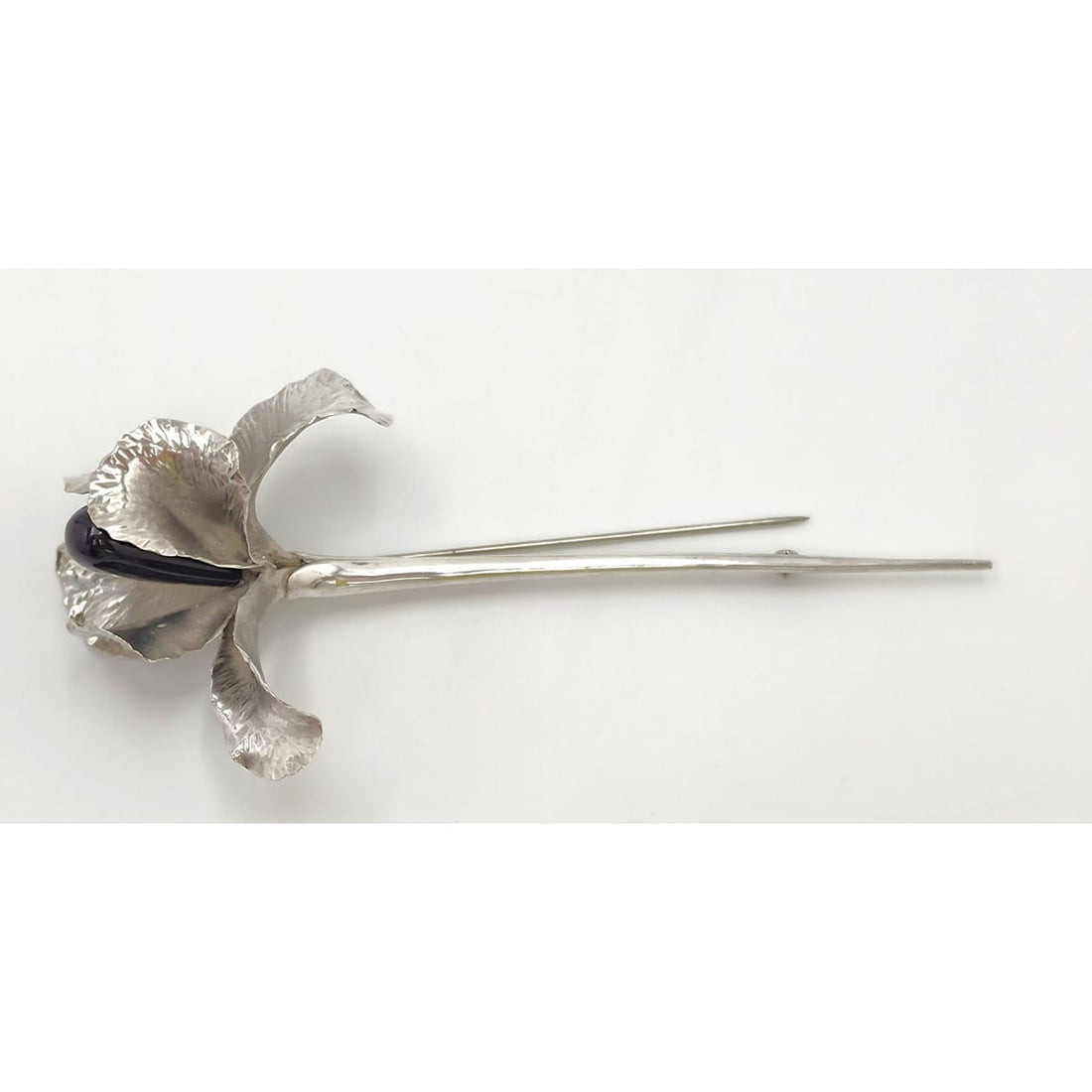 Superb Vintage Angela Conty Sterling Silver &amp; Onyx XL 3D Orchid Flower Brooch