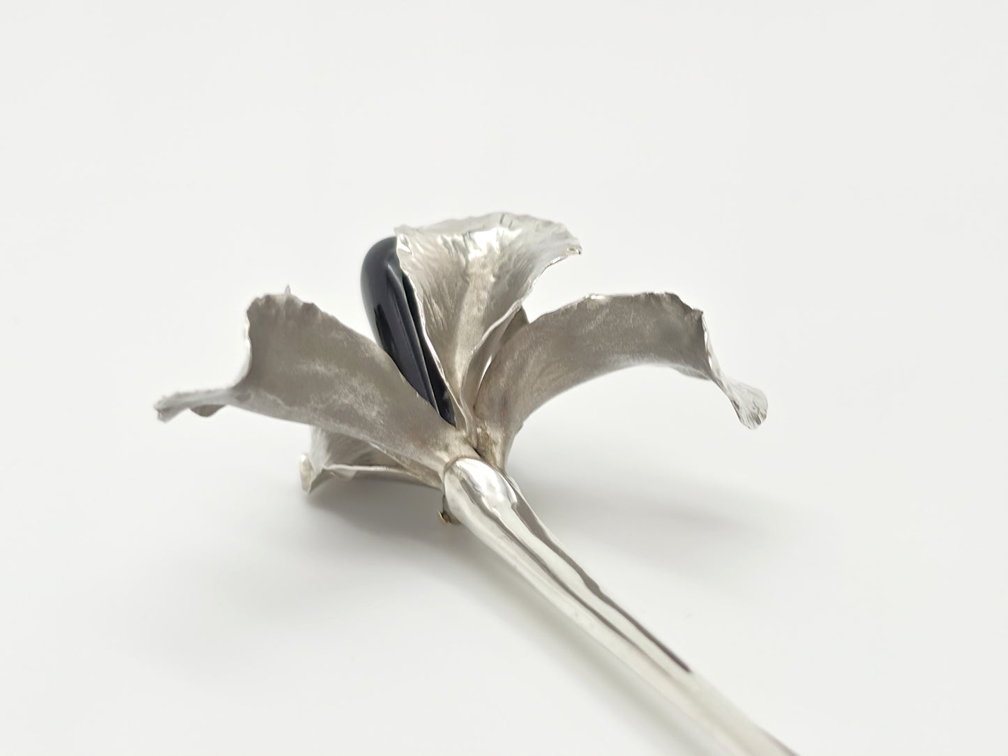Superb Vintage Angela Conty Sterling Silver & Onyx XL 3D Orchid Flower Brooch, alternate product view 7