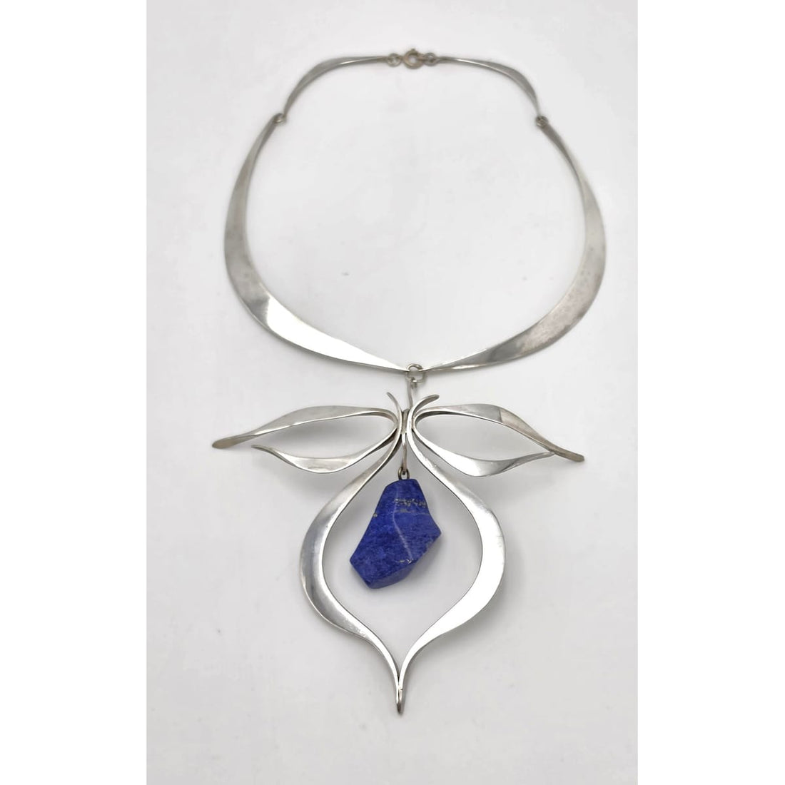 VTG Artisan Sterling Silver Lapis Lazuli Sculptural Modernist Collar Necklace