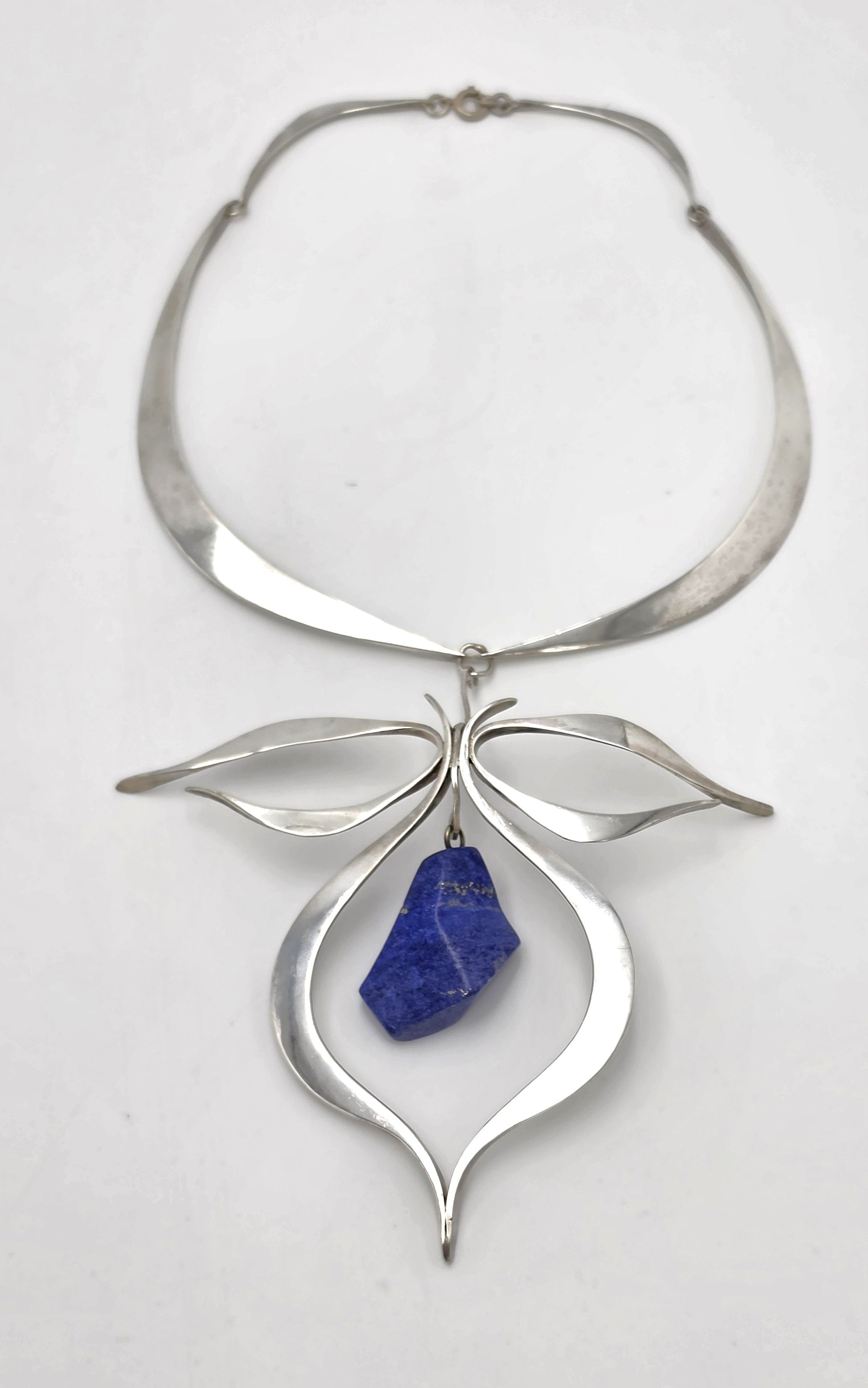 VTG Artisan Sterling Silver Lapis Lazuli Sculptural Modernist Collar Necklace