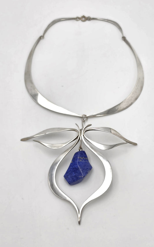 VTG Artisan Sterling Silver Lapis Lazuli Sculptural Modernist Collar Necklace
