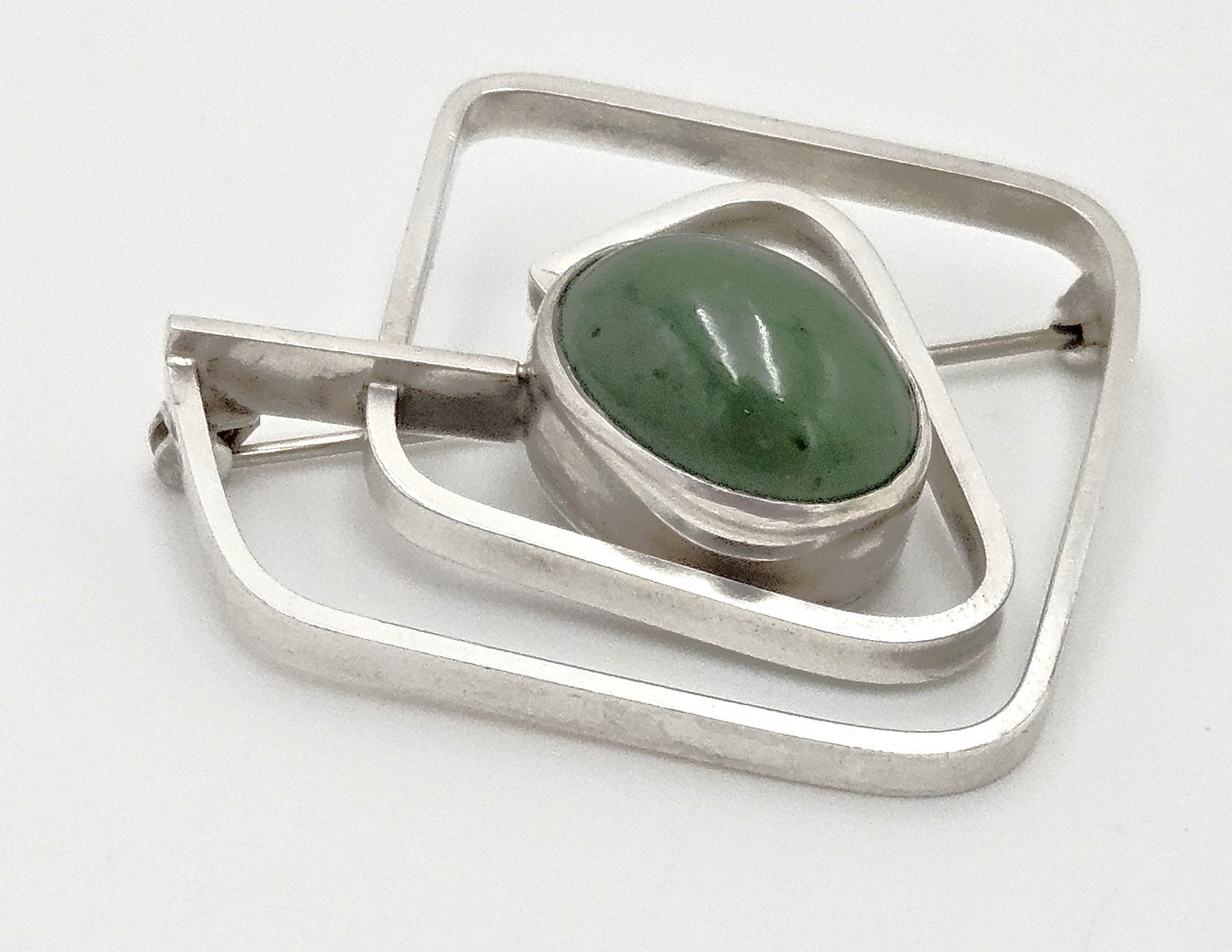 Vintage Sterling & Nephrite Modernist 3D Geometric Abstract Brooch Signed