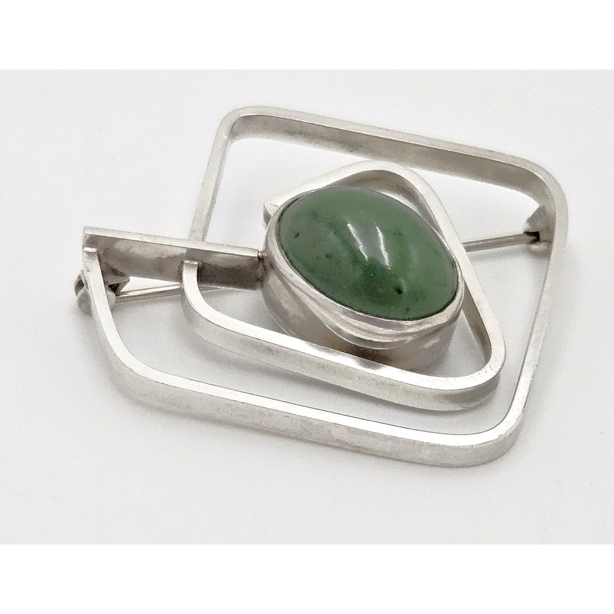 Vintage Sterling &amp; Nephrite Modernist 3D Geometric Abstract Brooch Signed