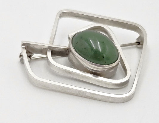 Vintage Sterling & Nephrite Modernist 3D Geometric Abstract Brooch Signed