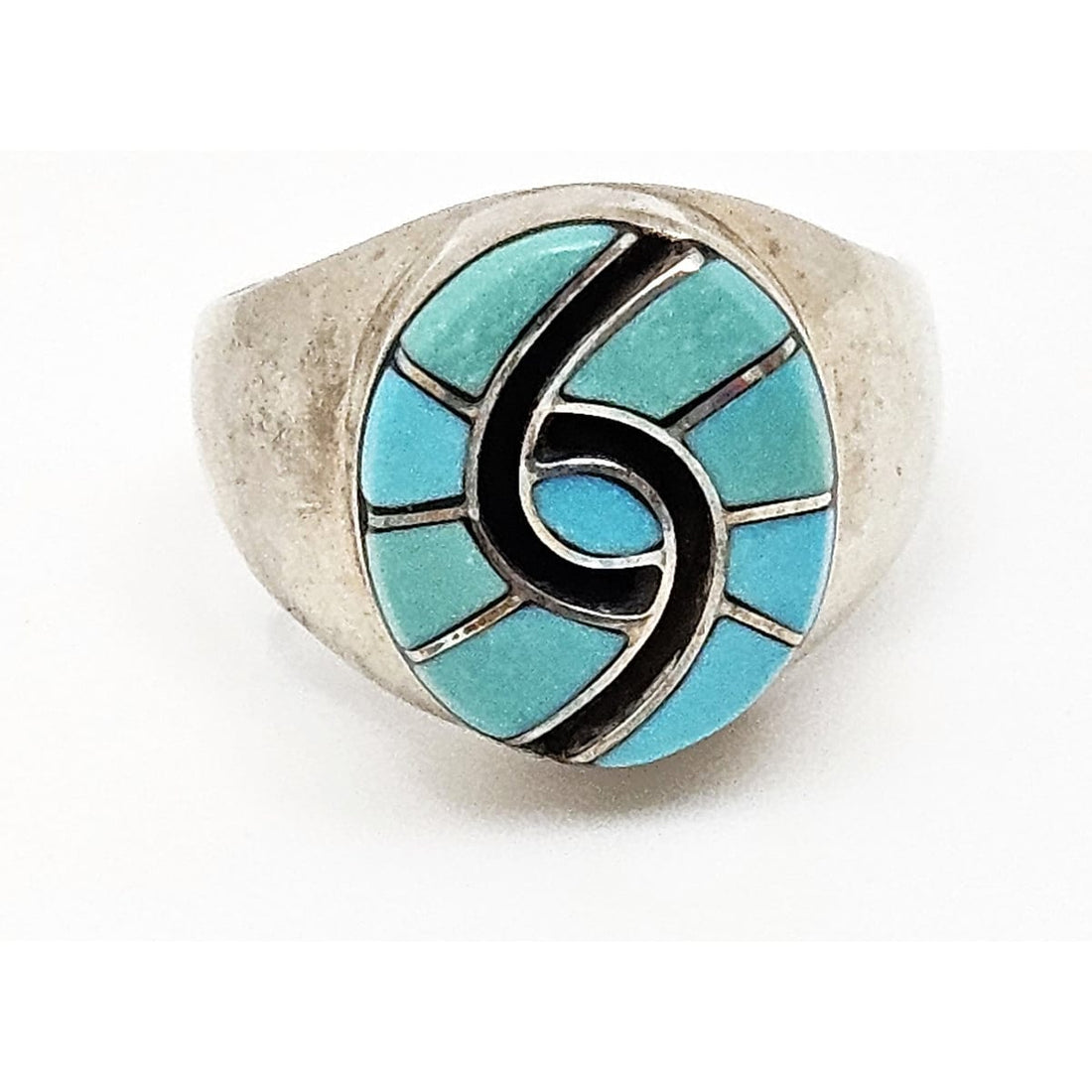 Superb Zuni Amy Quandelacy Sterling Turquoise Inlay Hummingbird Ring C. 1980s