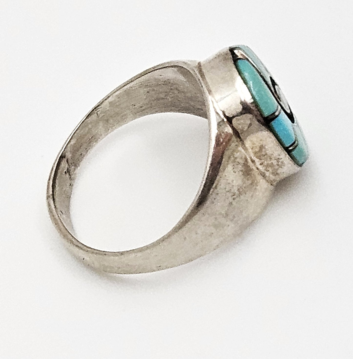 Superb Zuni Amy Quandelacy Sterling Turquoise Inlay Hummingbird Ring C. 1980s, alternate product view 3