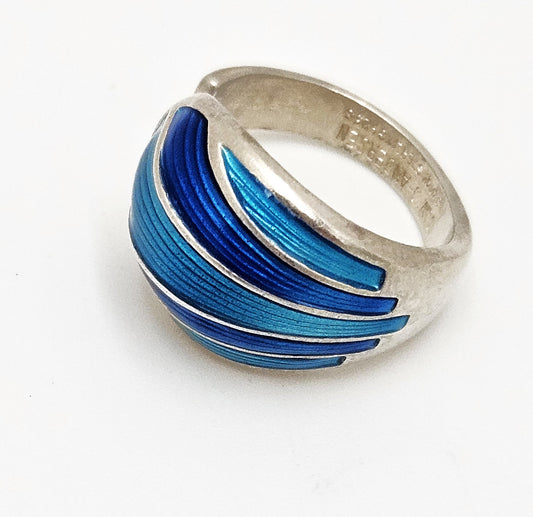 Norwegian David Andersen Sterling Blue Enamel Striped Wrap Ring Circa 40/50s
