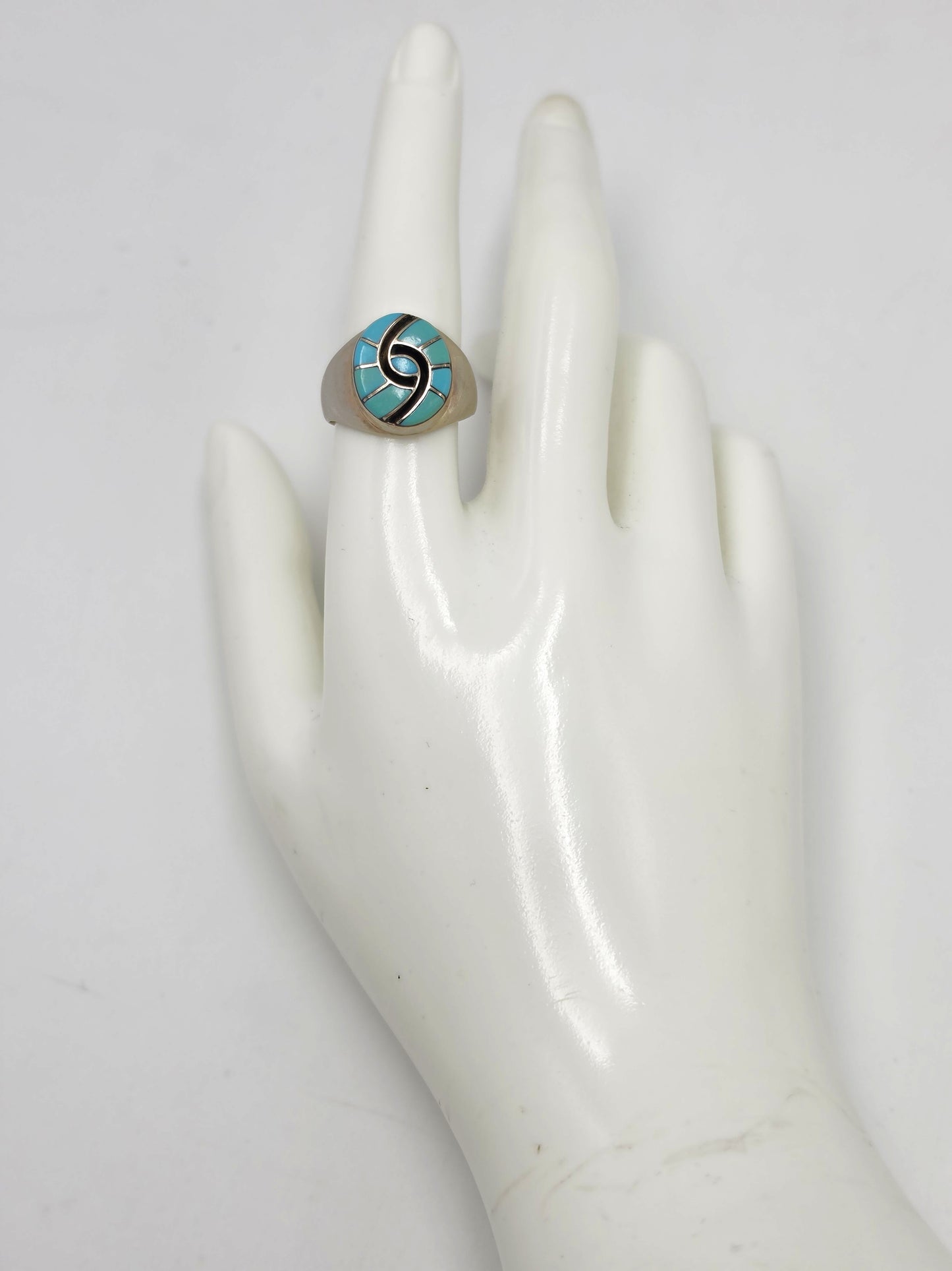Superb Zuni Amy Quandelacy Sterling Turquoise Inlay Hummingbird Ring C. 1980s, alternate product view 7