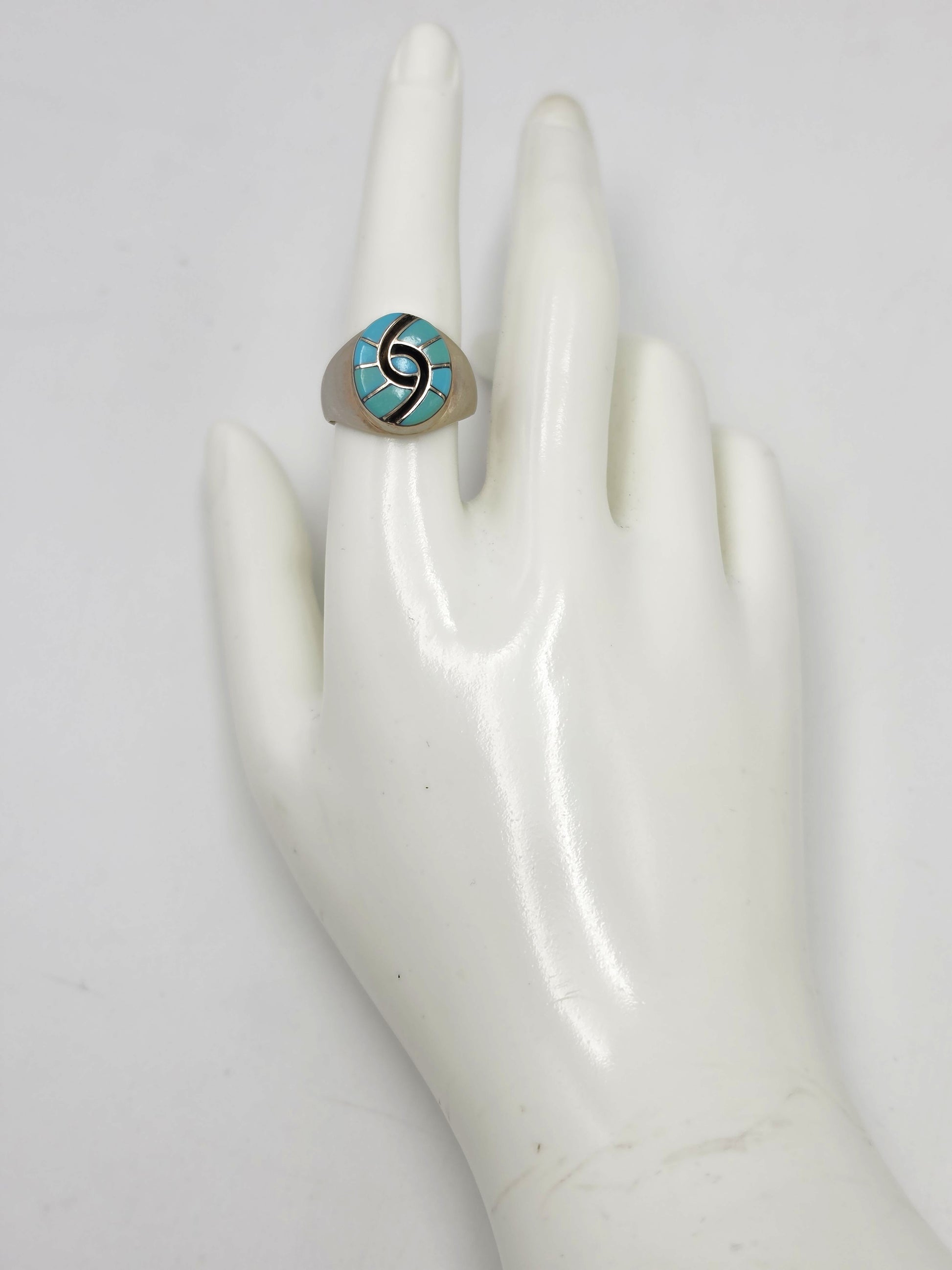 Superb Zuni Amy Quandelacy Sterling Turquoise Inlay Hummingbird Ring C. 1980s, alternate product view 7