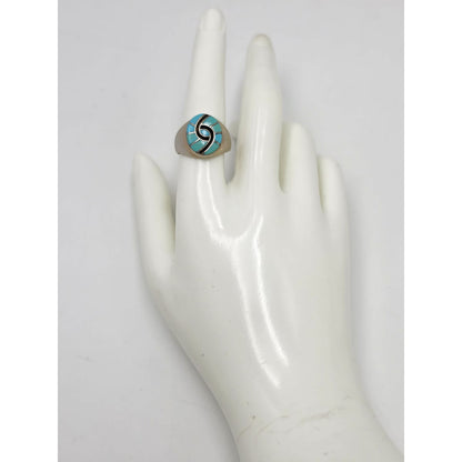 Superb Zuni Amy Quandelacy Sterling Turquoise Inlay Hummingbird Ring C. 1980s, alternate product view 7