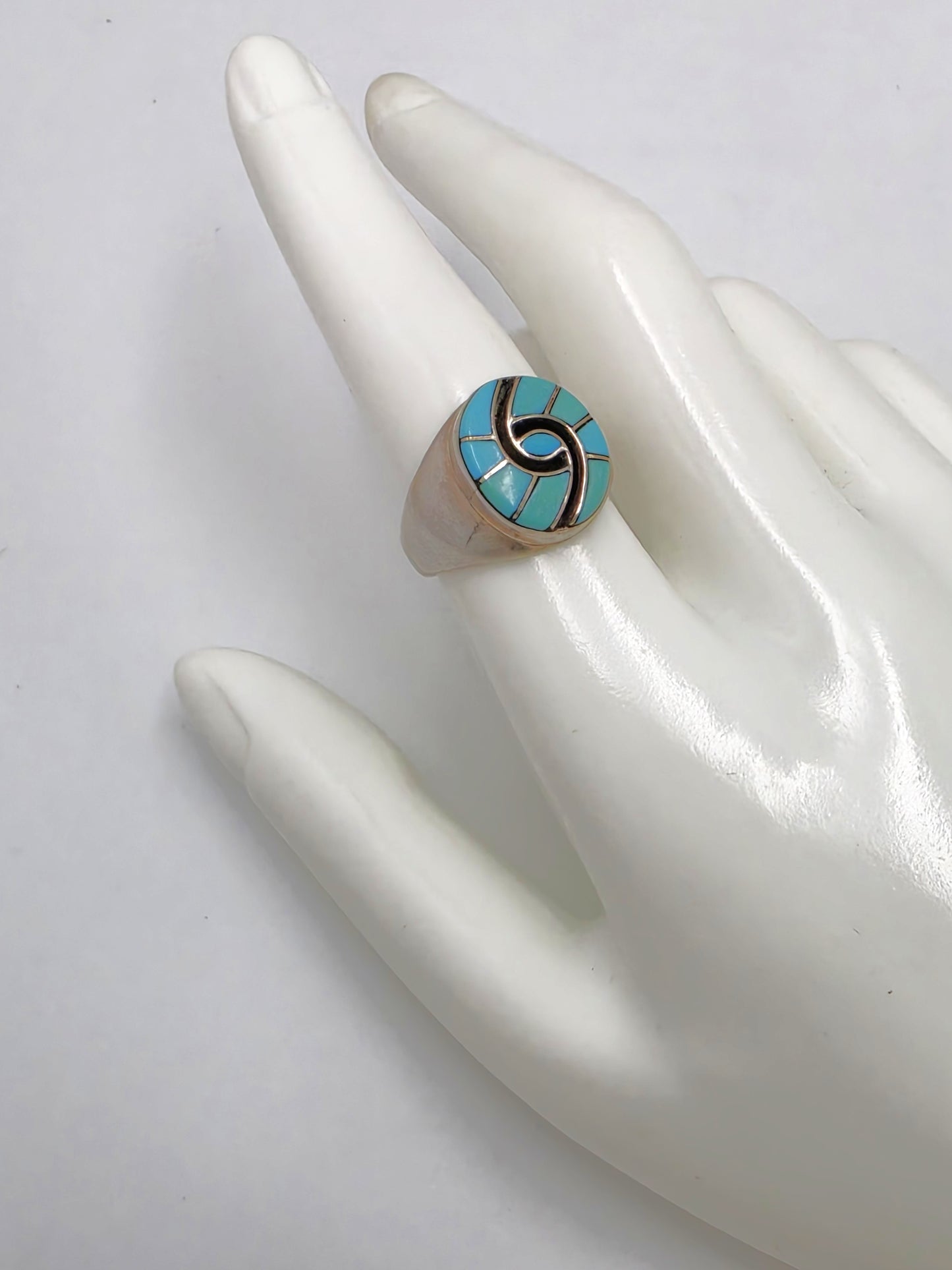 Superb Zuni Amy Quandelacy Sterling Turquoise Inlay Hummingbird Ring C. 1980s, alternate product view 2