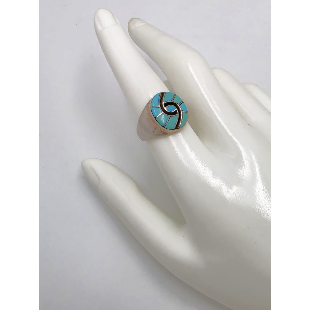 Superb Zuni Amy Quandelacy Sterling Turquoise Inlay Hummingbird Ring C. 1980s, alternate product view 2