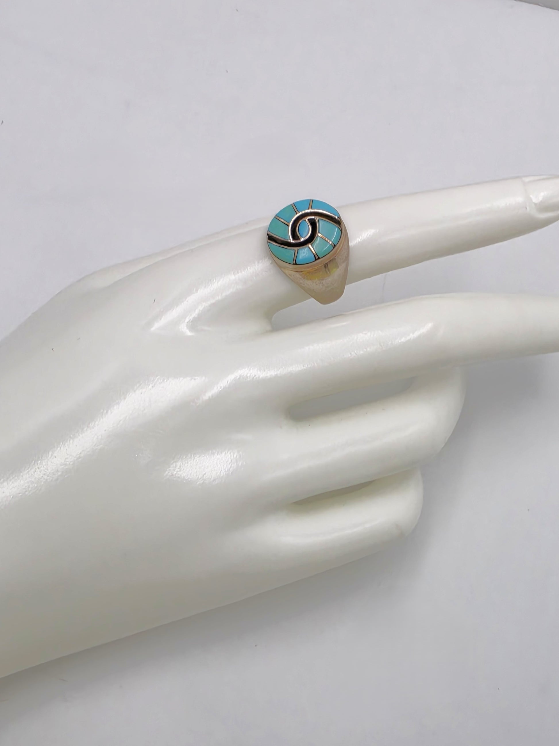 Superb Zuni Amy Quandelacy Sterling Turquoise Inlay Hummingbird Ring C. 1980s, alternate product view 8