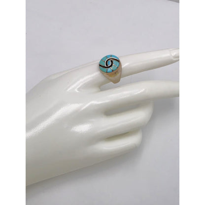 Superb Zuni Amy Quandelacy Sterling Turquoise Inlay Hummingbird Ring C. 1980s, alternate product view 8