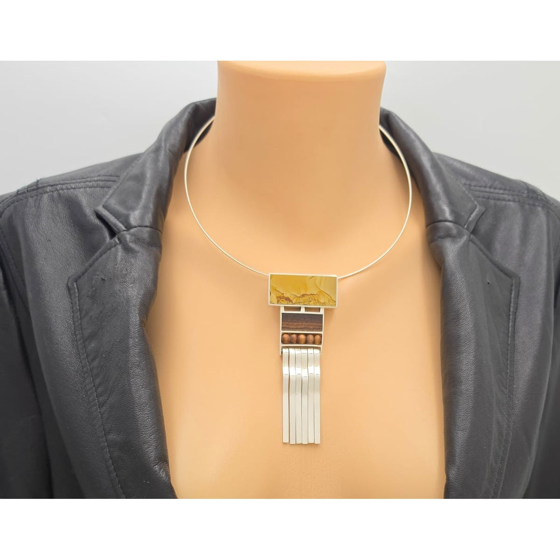 US Designer Keith Harryman Sterling Stone Wood Modernist Pendant Necklace, alternate product view 2