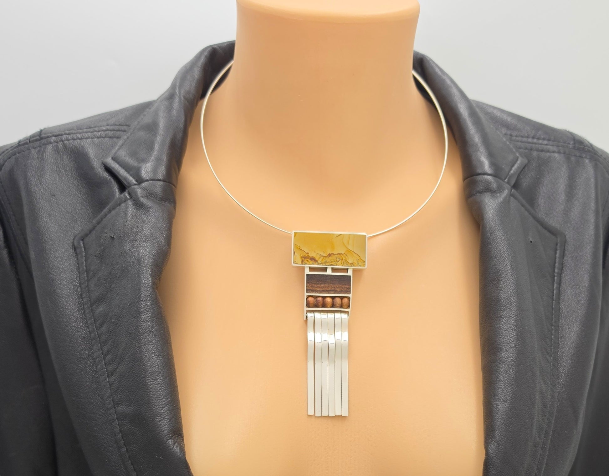 US Designer Keith Harryman Sterling Stone Wood Modernist Pendant Necklace, alternate product view 2