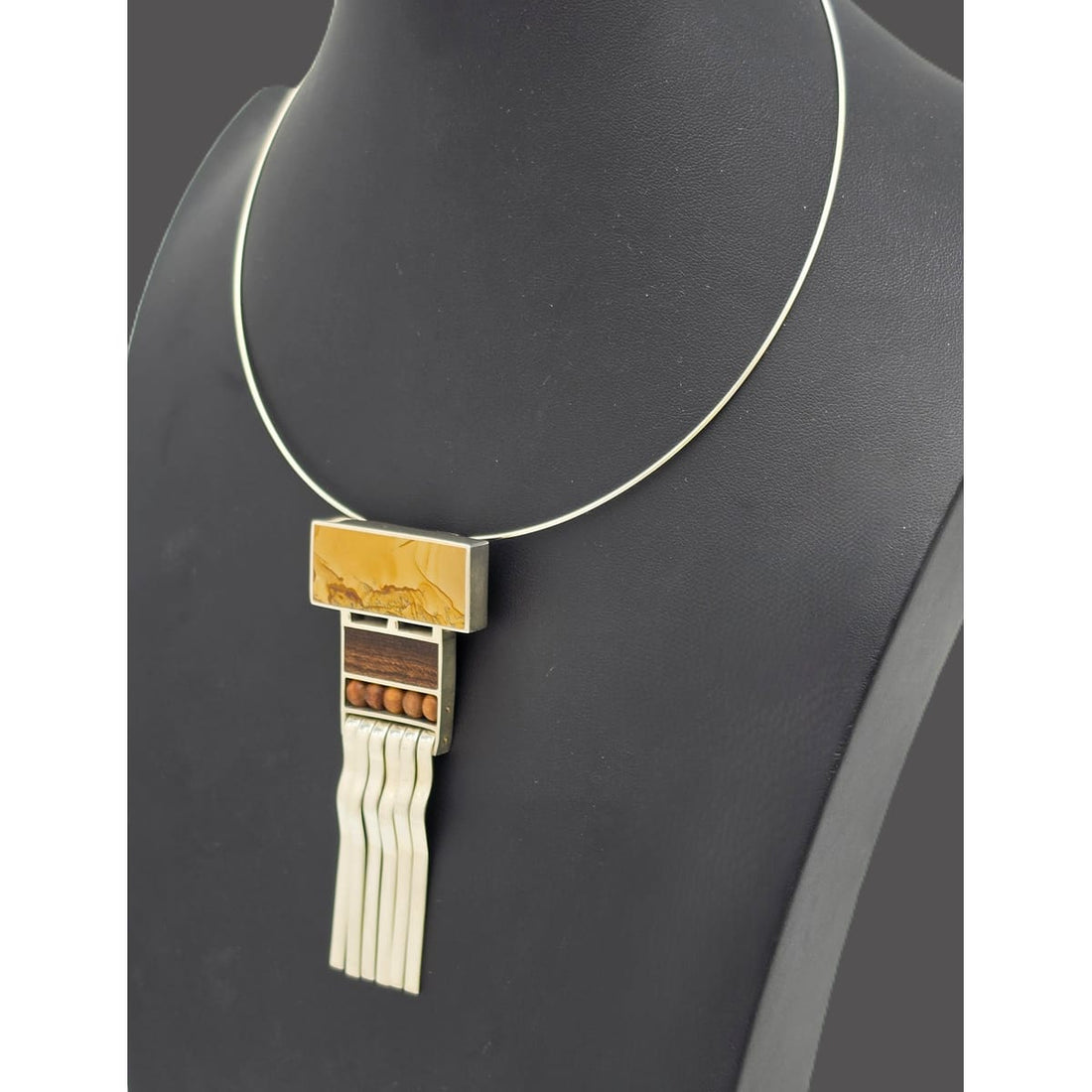 US Designer Keith Harryman Sterling Stone Wood Modernist Pendant Necklace