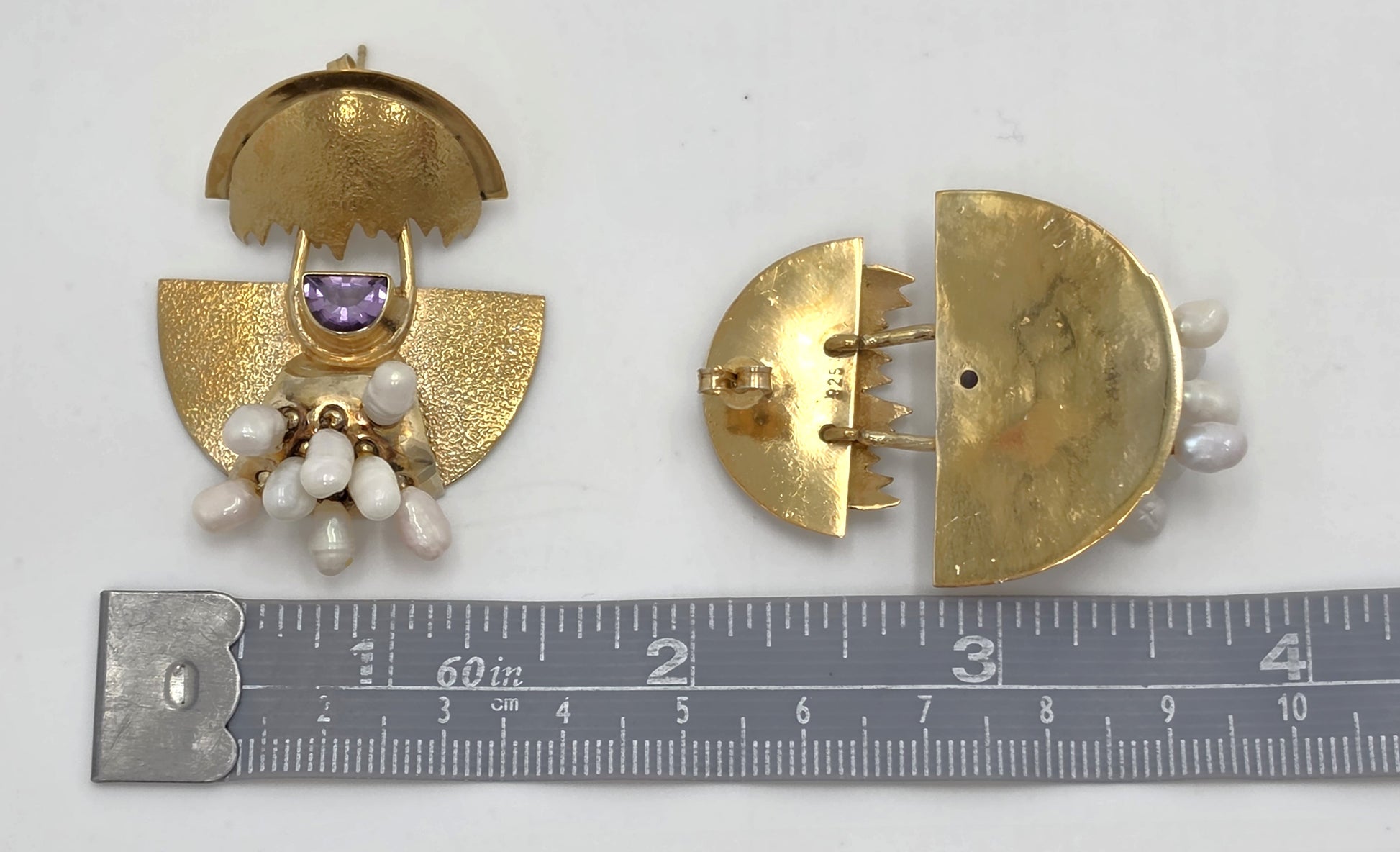 Modernist Deco Revival Amethyst Pearl Gilt Sterling Dangle Earrings C. 1980's, alternate product view 8