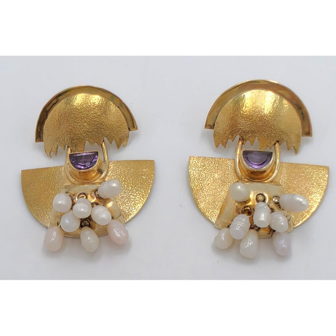 Modernist Deco Revival Amethyst Pearl Gilt Sterling Dangle Earrings C. 1980&