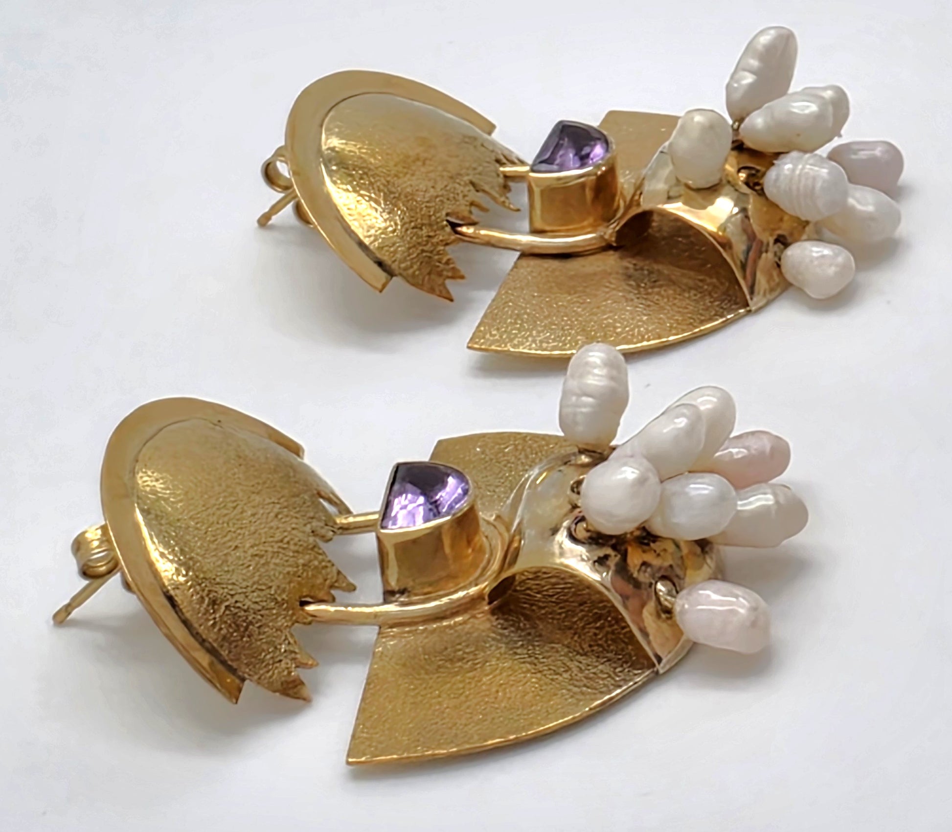 Modernist Deco Revival Amethyst Pearl Gilt Sterling Dangle Earrings C. 1980's, alternate product view 3