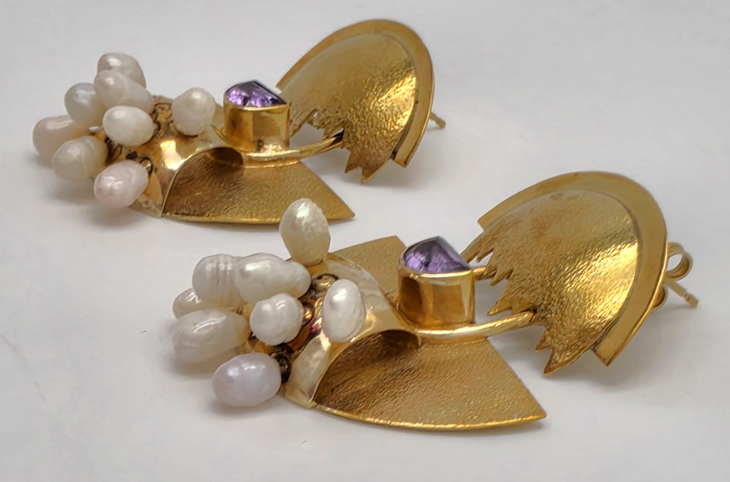 Modernist Deco Revival Amethyst Pearl Gilt Sterling Dangle Earrings C. 1980's, alternate product view 4