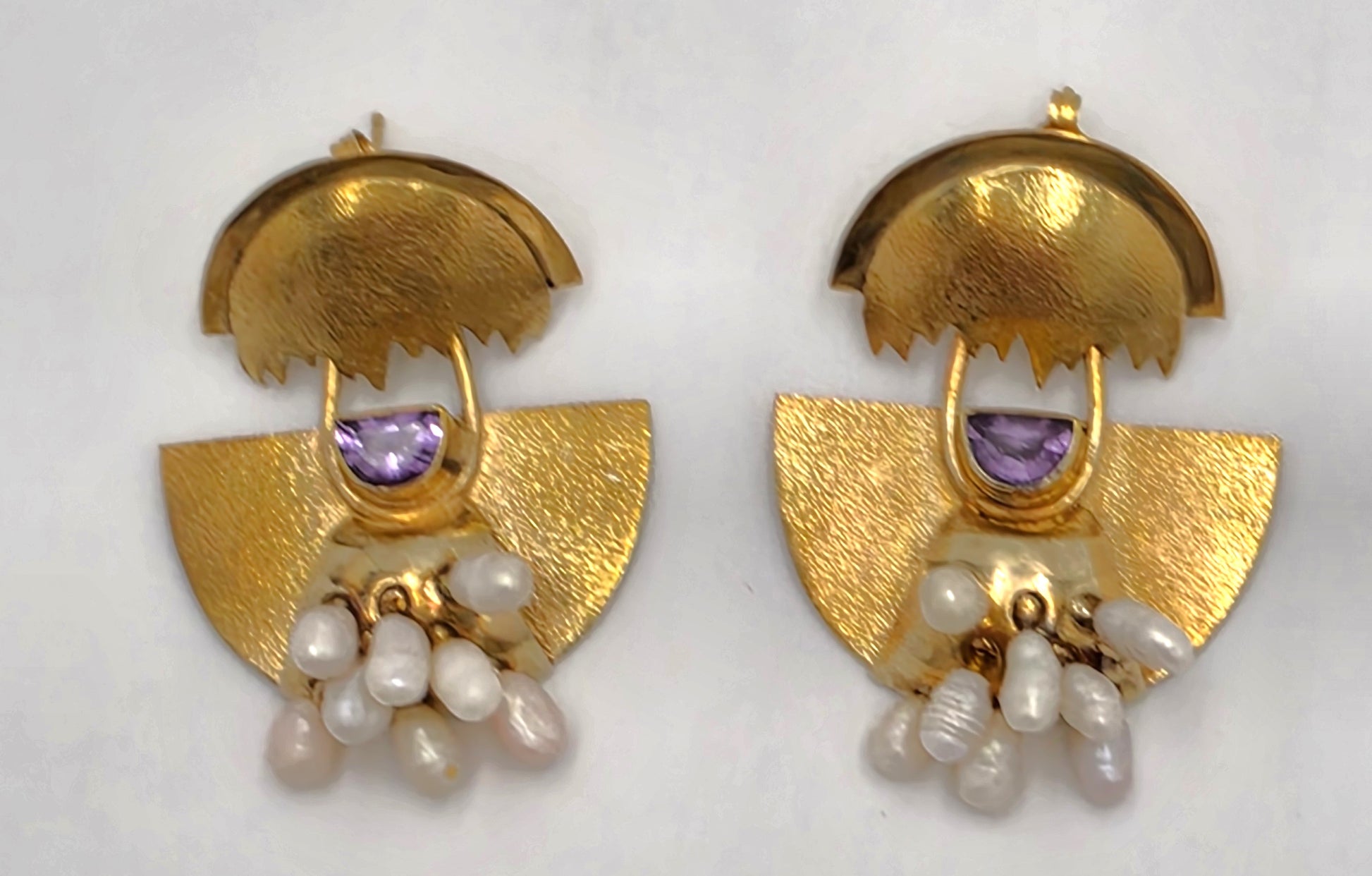 Modernist Deco Revival Amethyst Pearl Gilt Sterling Dangle Earrings C. 1980's, alternate product view 5
