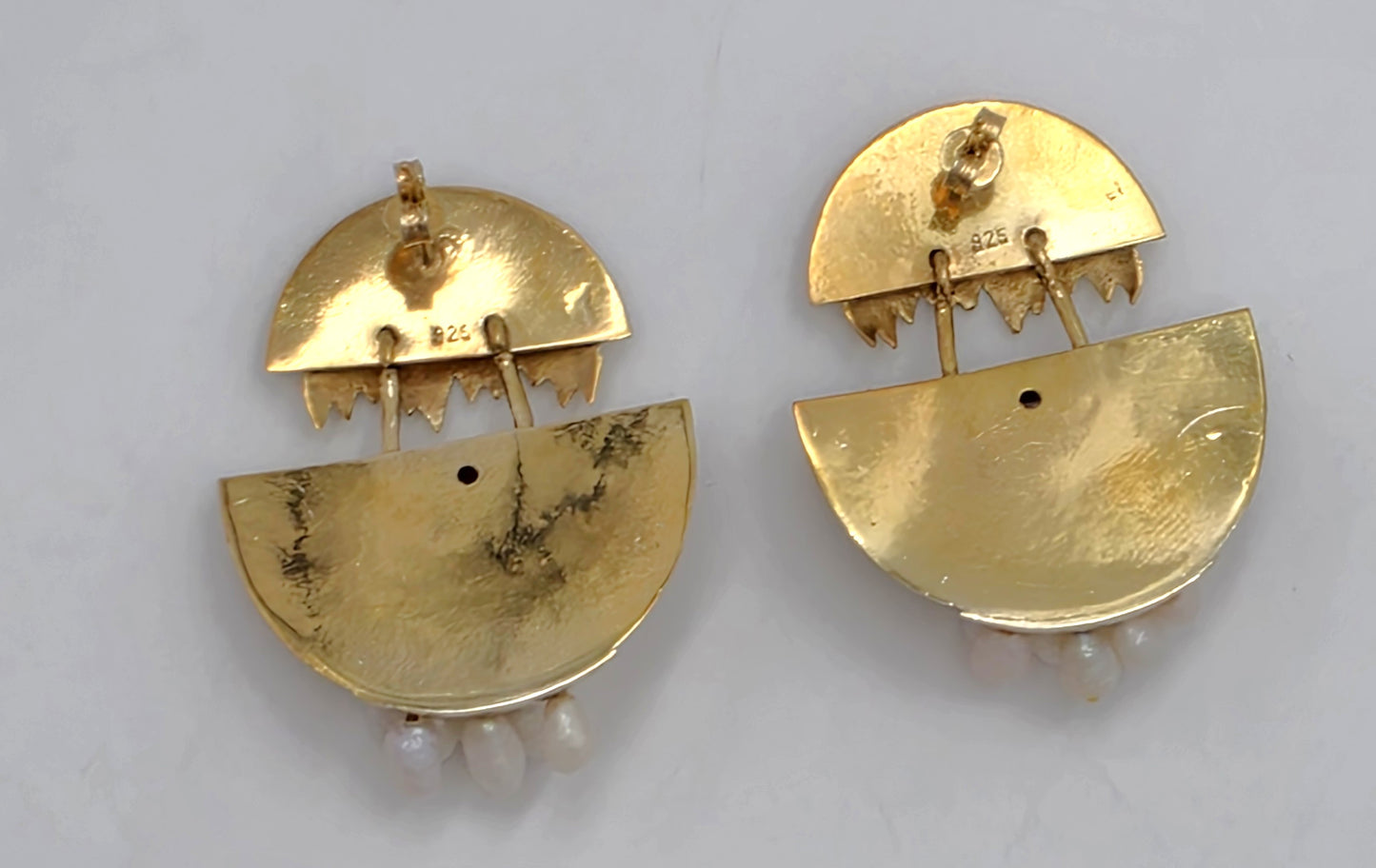 Modernist Deco Revival Amethyst Pearl Gilt Sterling Dangle Earrings C. 1980's, alternate product view 6