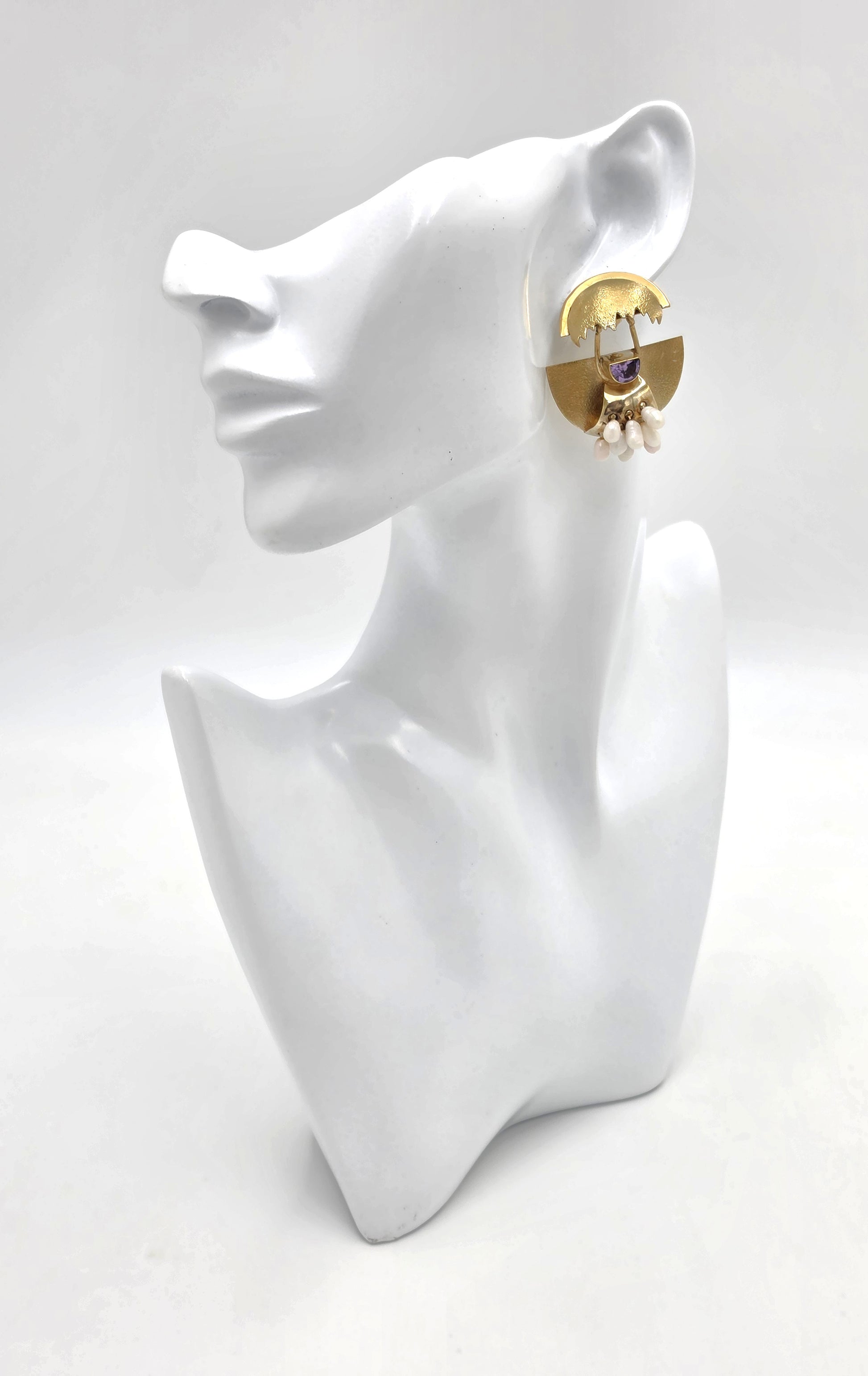 Modernist Deco Revival Amethyst Pearl Gilt Sterling Dangle Earrings C. 1980's, alternate product view 2