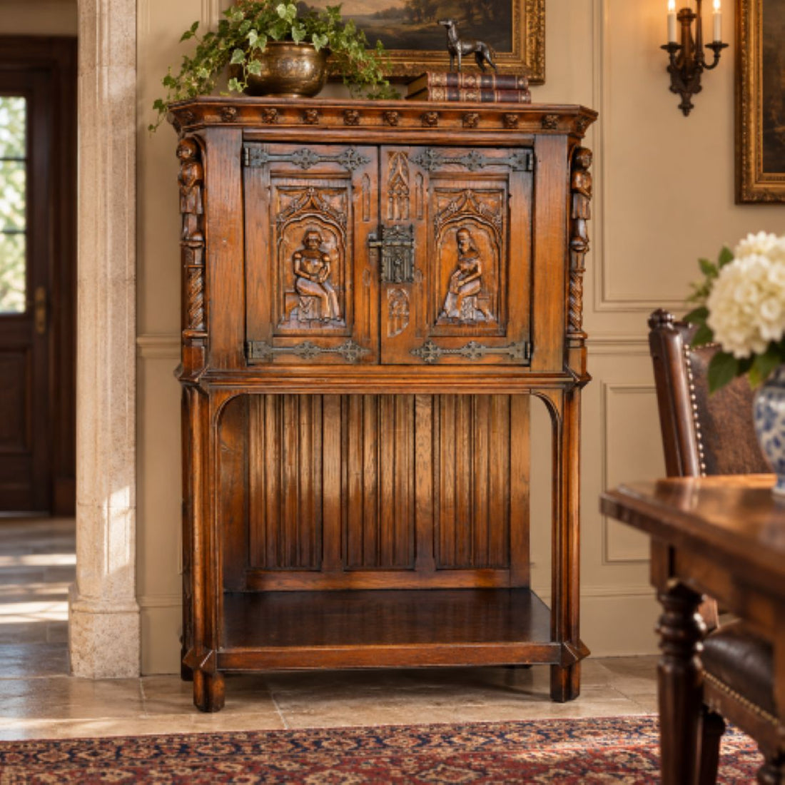 19th Century Flemish Oak &amp; Iron Neo-Renaissance/Gothic Revival Vestry Cabinet