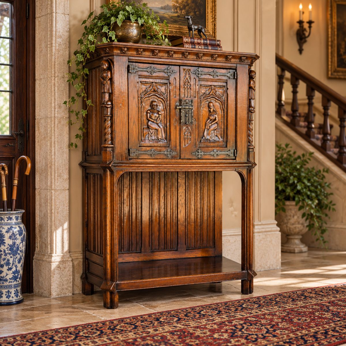 19th Century Flemish Oak &amp; Iron Neo-Renaissance/Gothic Revival Vestry Cabinet