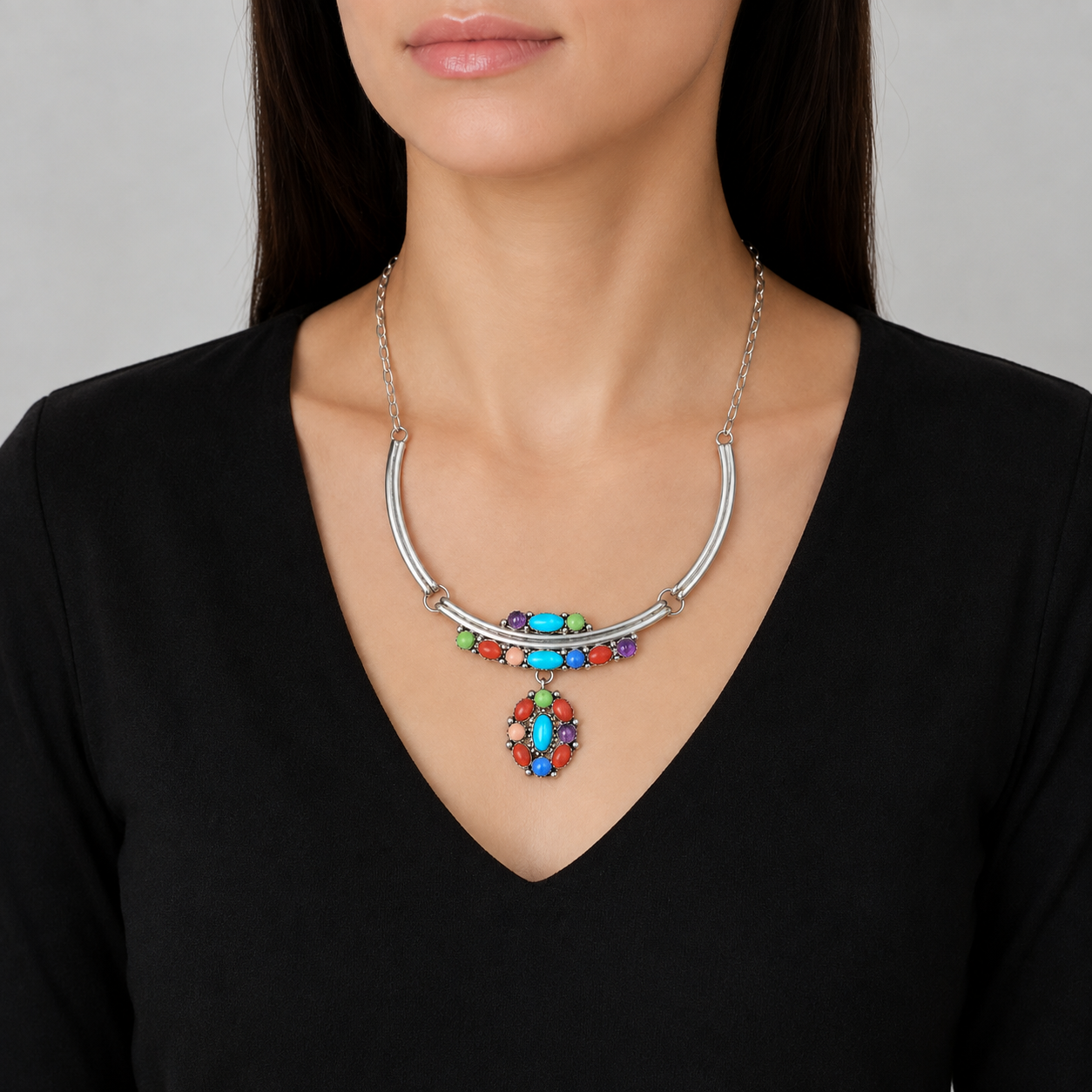 Vintage Elizabeth Etsitty Navajo Sterling Silver Multi-Stone Statement Necklace