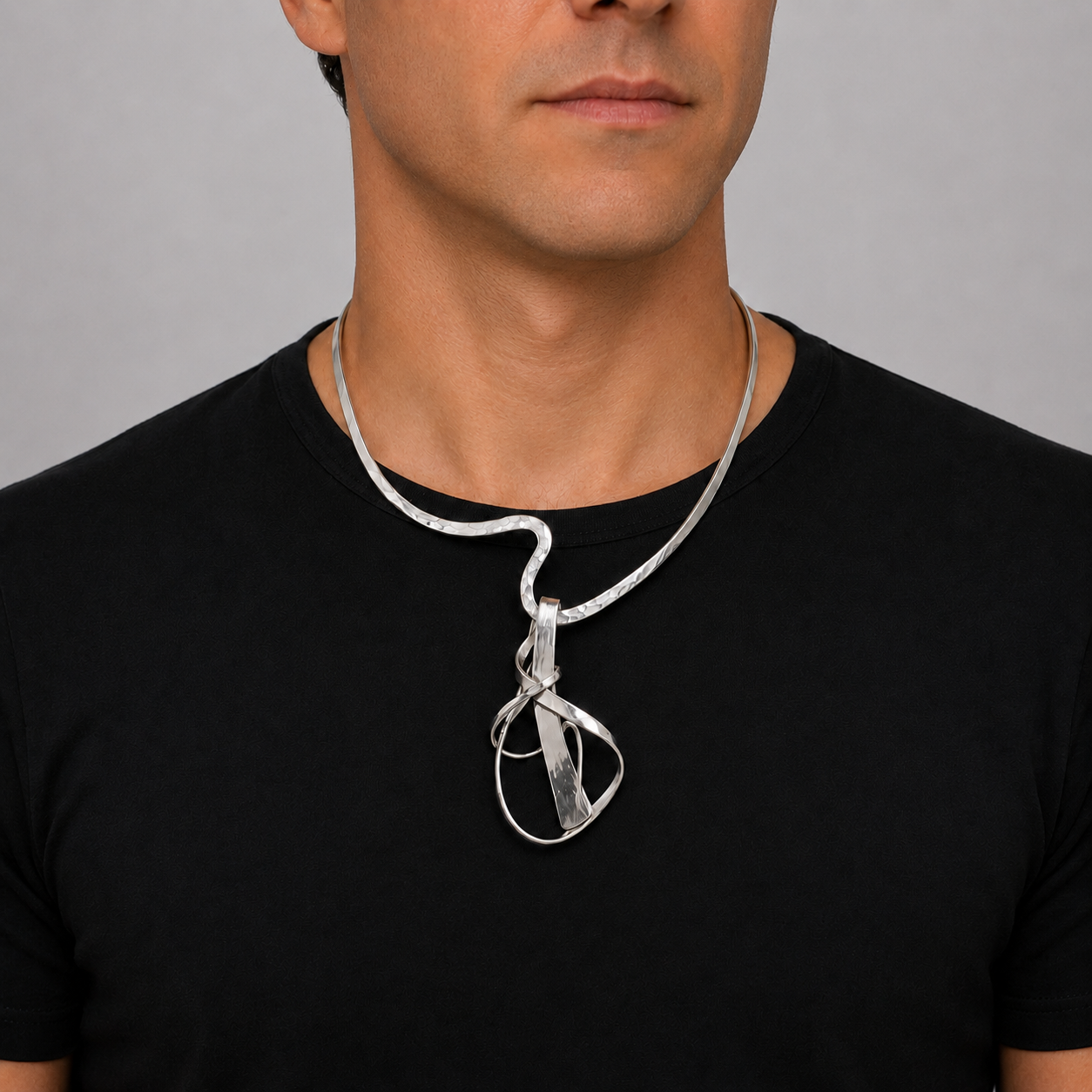 Vintage Artisan Made BF Unisex Sterling Modernist XL Neck Ring &amp; Pendant Set